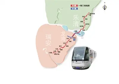 s2线为东北-西南走向,一期线路北起乐清市城东街道下塘,南至瑞安市区