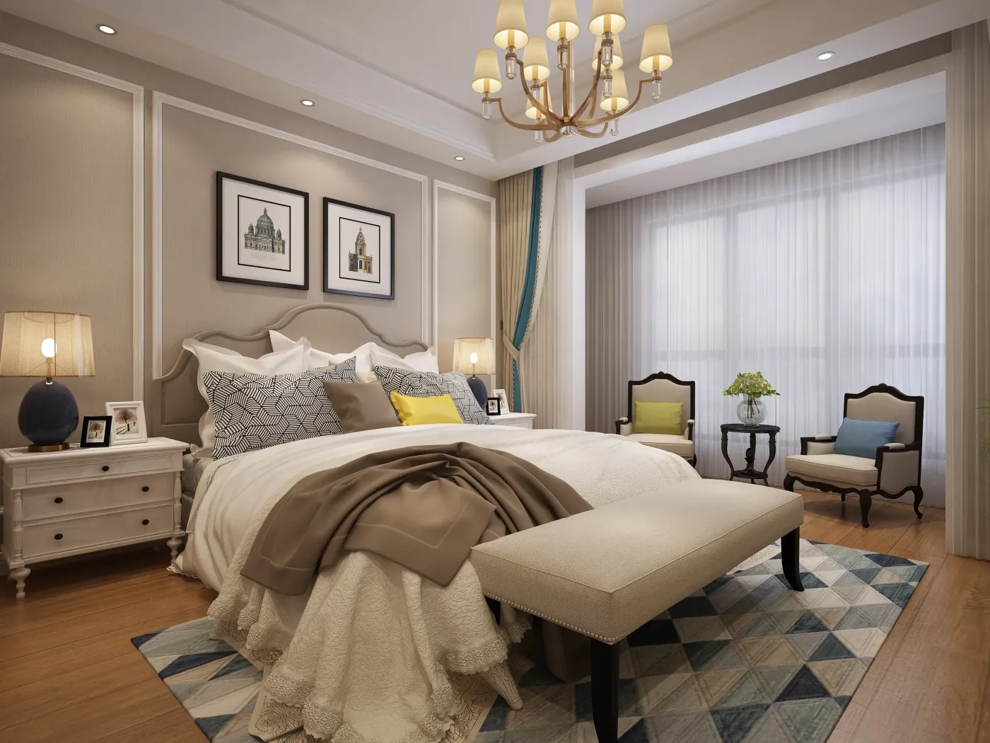 卧室【区域设计说明】主卧室床头背景墙用线条增加房间的层次感,米色